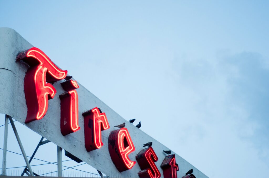 a large neon sign with birds sitting on it

