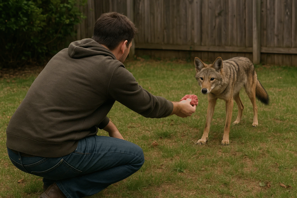 view of man from back hunched down reaching out toward coyote in yard, holding raw meat