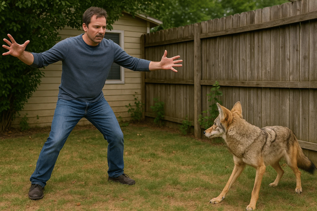 man arms outstretched cornering coyote in yard