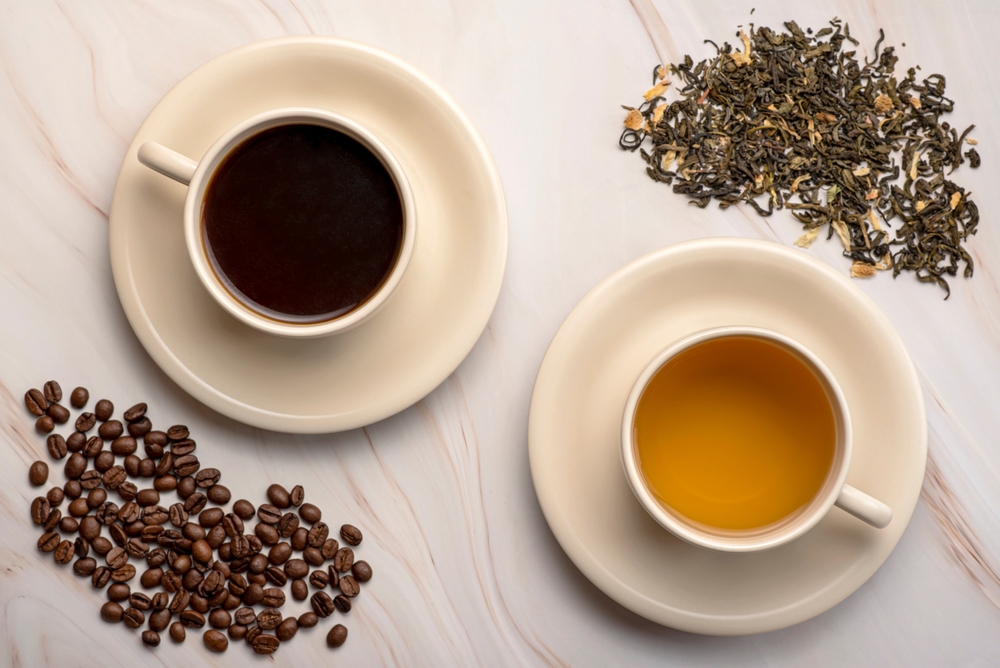 Food photography of green tea, coffee, beans, choice