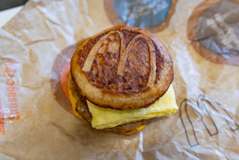 New York, New York USA - February 24 2024: McDonald's Sausage McGriddles Breakfast Sandwich