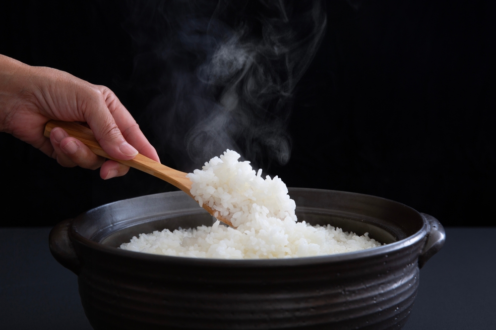 Japanese rice, the staple food of Japan, cooked in a clay pot,