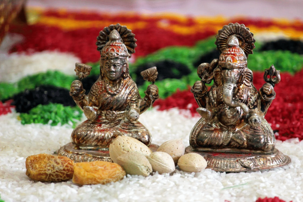 Hindu Deities Lakshmi and Ganesha with Offerings
