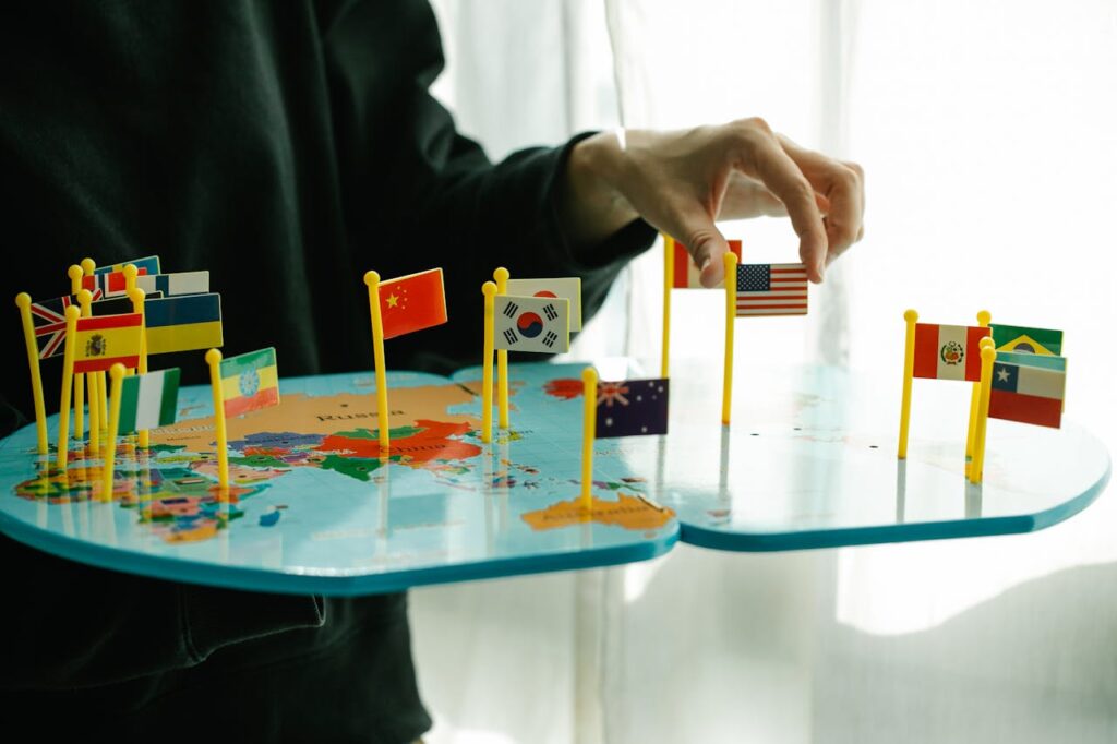 Flags Pinned on a World Map
