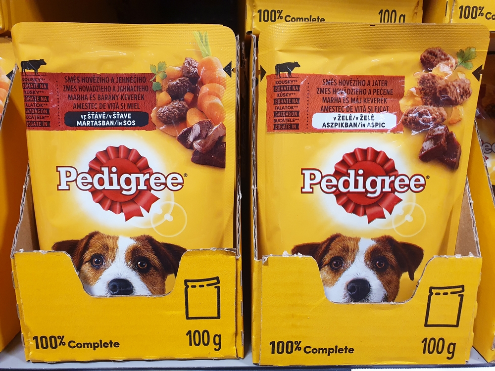 BUCHAREST, ROMANIA - MARCH 26, 2024. Pedigree pack, complete wet food for dogs