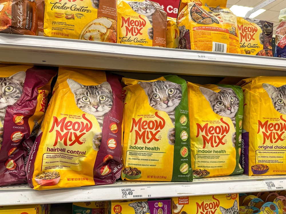 Merrillville, IN USA - November 14, 2024 - Bags of Meow Mix cat food on a store shelf