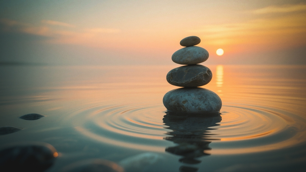 A serene scene showcases balanced stones in tranquil water during a beautiful sunset, evoking peace and harmony.