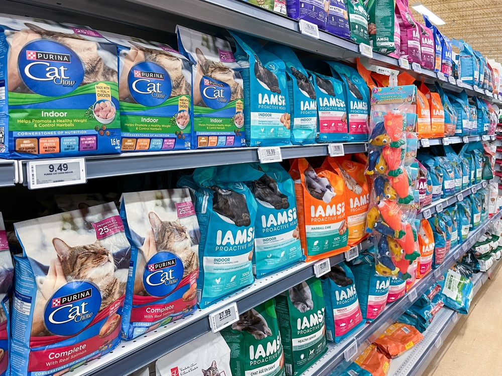Newmarket, Ontario, Canada - May 20, 2025: Shelves with packaged cat dry food at Real Canadian Superstore