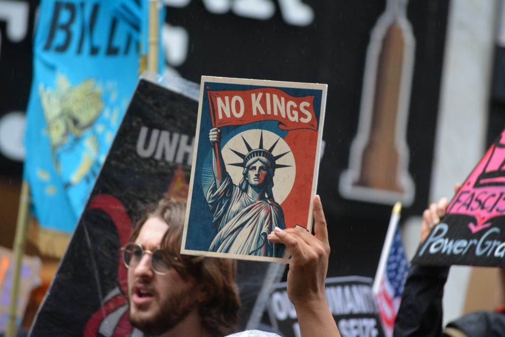 NEW YORK, NEW YORK USA - June 14, 2025: People taking part in the nationwide No Kings March against the Trump Administration in Manhattan.