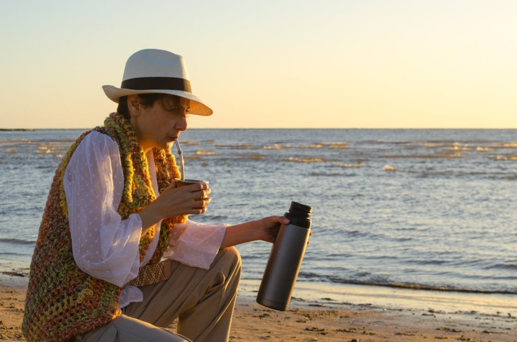 Man Enjoying Yerba Mate at Montevideo Beach