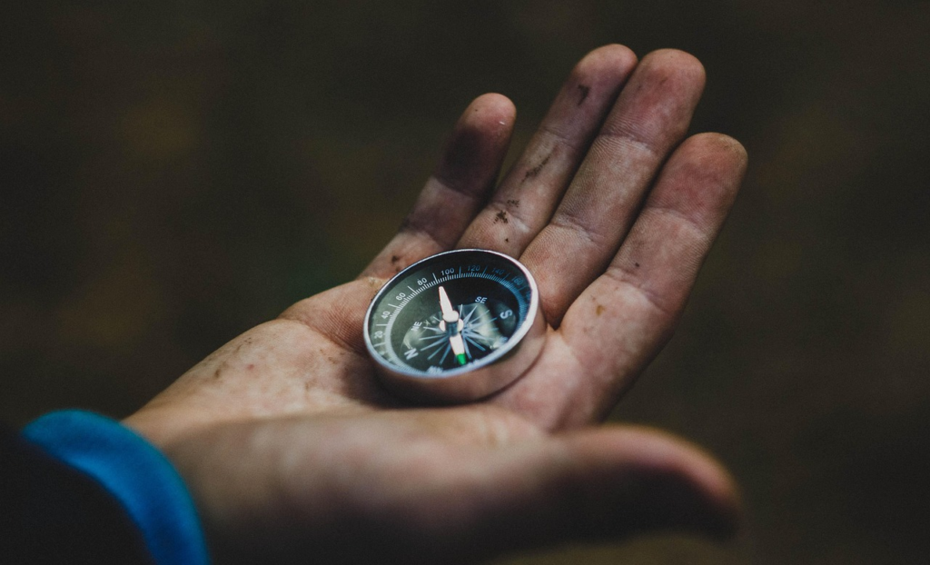 Person holding compass in hand