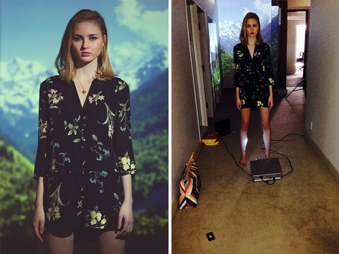 a person with a scene of mountains in the background