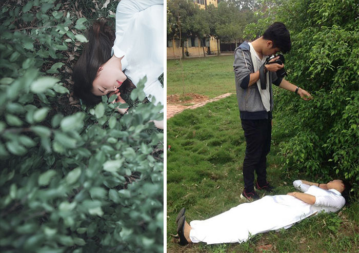 a woman sleeping near the bushes