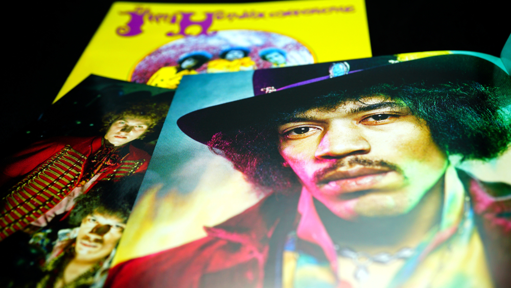 Rome, Italy - March 11, 2019: covers and cd inserts of the American rock guitarist Jimi Hendrix. he is widely regarded as one of the most influential electric guitarists in the history of pop music