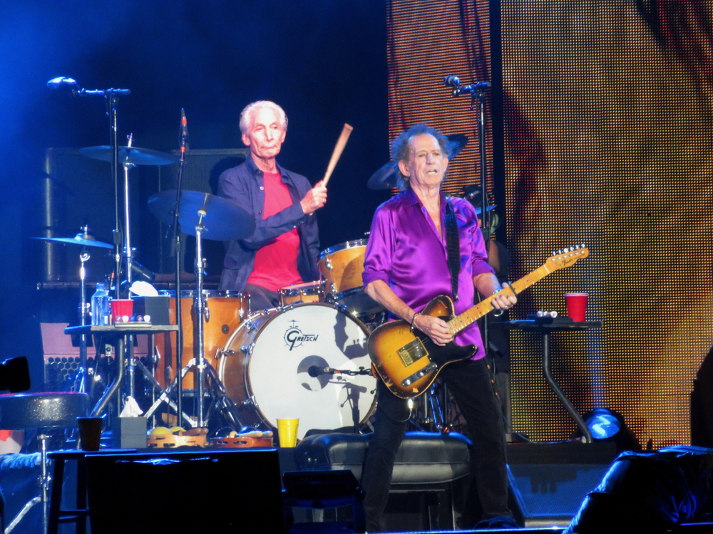 
East Rutherford, NJ/USA - August 1, 2019: Rolling Stones guitarist Keith Richards and drummer Charlie Watts perform on the band's No Filter tour.					