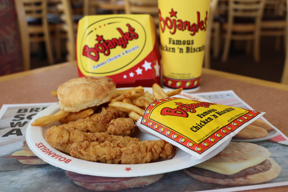 COLUMBUS, GEORGIA/USA - 01-10-2020
Fried chicken tenders, french fries, and a buttermilk biscuit at a Bojangles’ restaurant in Columbus, GA.