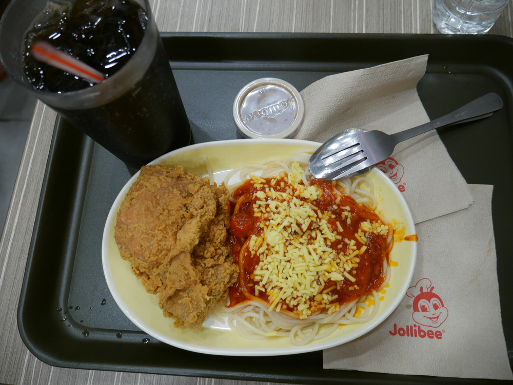 Manila, the Philippines-October 23, 2017: A main dish of chicken at Jollibee restaurant in Manila.