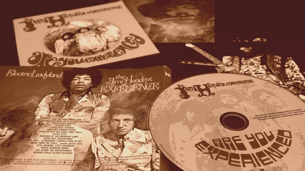 Rome, April 15, 2020: covers and cd inserts of the American rock guitarist Jimi Hendrix. with the guitarist Noel Redding and the drummer Mitch Mitchell he formed the Jimi Hendrix Experience in 1966