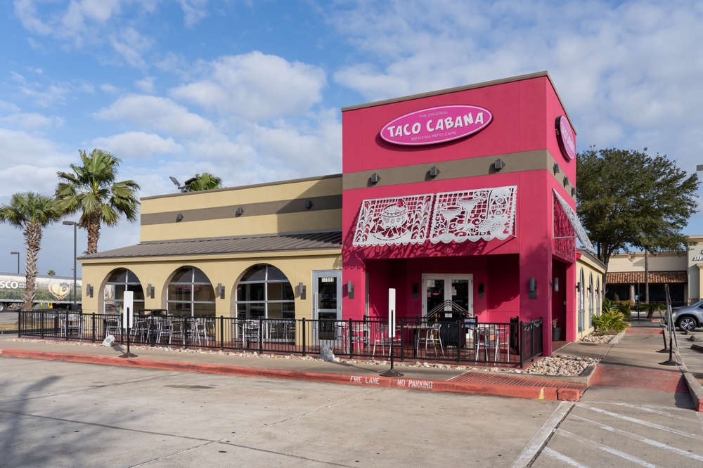 Pearland, TX, USA - February 16, 2022: A Taco Cabana restaurant in Pearland, TX, USA. Taco Cabana is an American fast casual restaurant chain specializing in Tex-Mex cuisine.