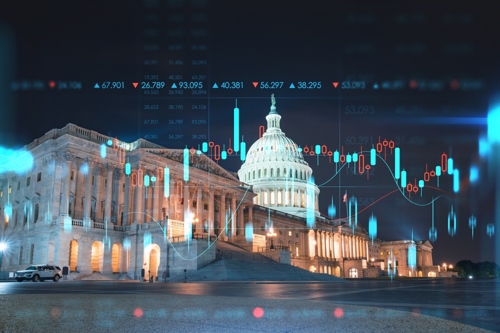 Front view, Capitol dome building at night, Washington DC, USA. Illuminated Home of Congress and Capitol Hill. Forex graph hologram. The concept of internet trading, brokerage and fundamental analysis
