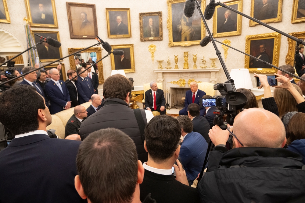 WASHINGTON D.C., USA - April 7, 2025: United States President Donald Trump meets with Israeli Prime Minister Benjamin Netanyahu in the White House in Washington DC.