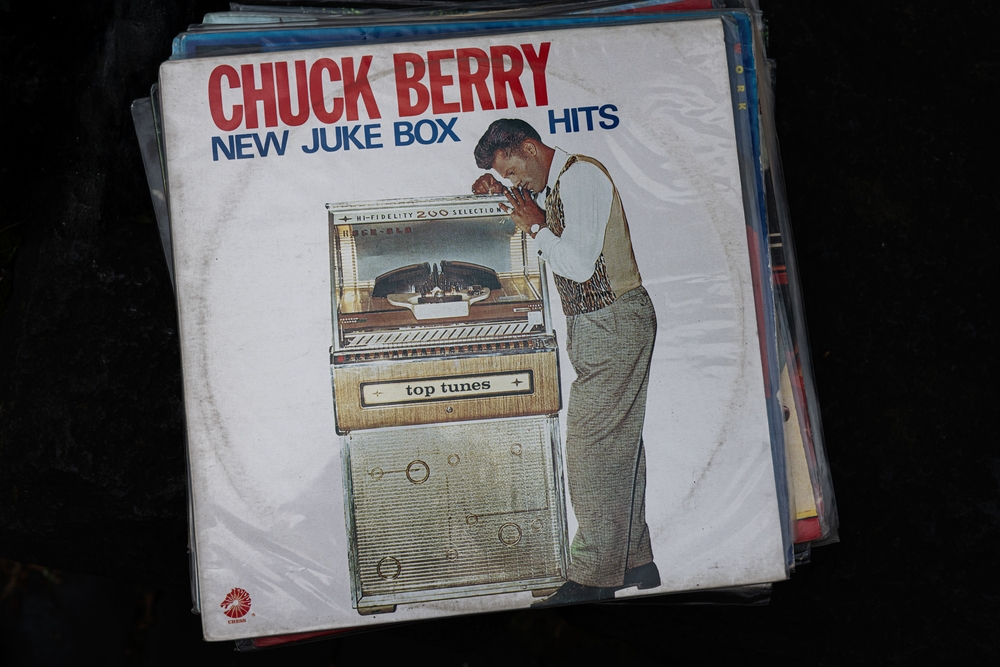 Lviv, Ukraine - May 13, 2025: Vinyl record album cover featuring Chuck Berry 1961 music and a vintage jukebox.