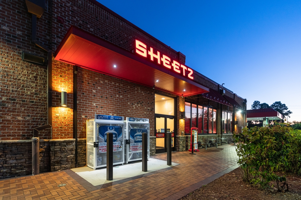 Apex, North Carolina - September 3 2025: Sheetz Convenience Store Gas Station Exterior With Vibrant Night Lighting 4000 Lufkin Rd NC