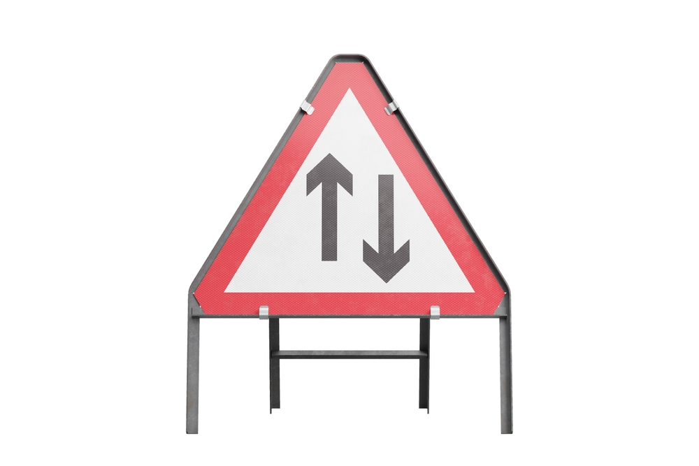 Two Way Traffic temporary triangular sign, isolated, front view