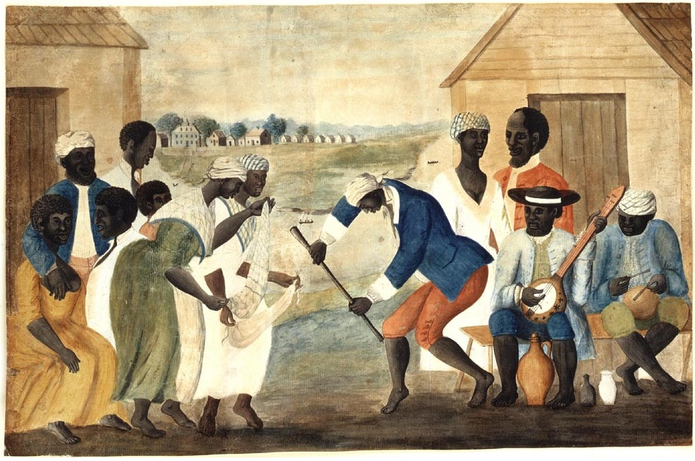 Attributed to John Rose - http://www.history.org/history/teaching/enewsletter/volume3/images/OldPlantLg.jpg

The Old Plantation (anonymous folk painting). Depicts African-American slaves dancing to banjo and percussion