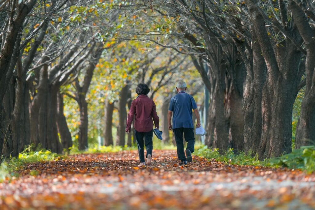 Elderly Woman and Man Walking among Trees in Autumn
