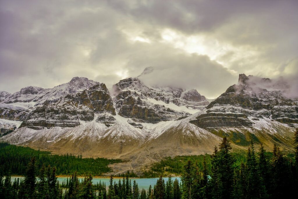 Dramatic Bow Lake and Crowfoot Mountain at Sunset
