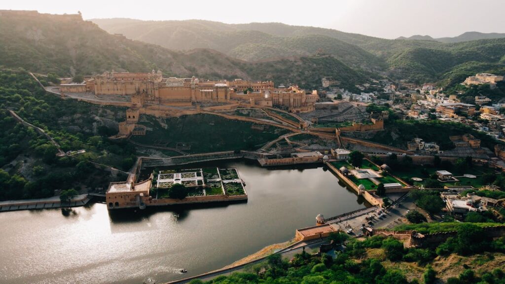 Aerial Shot of Amber Fort, Maota Lake, Rajasthan, India
