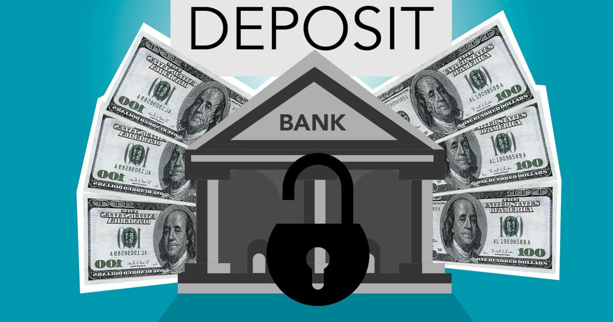 Decorative cardboard illustration of lock on bank with American paper money under Deposit inscription on blue background