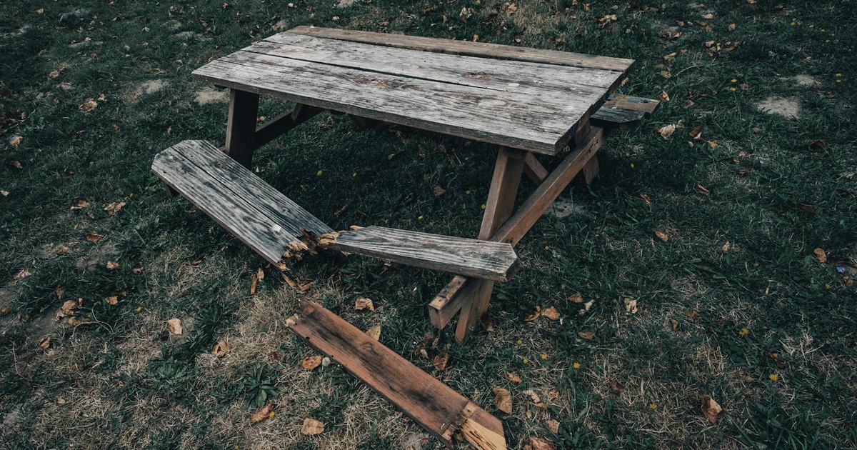 Weathered picnic table in an overgrown park setting, showcasing the beauty of decay and nature's reclaiming.