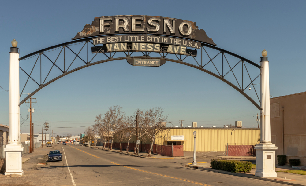 Van Ness Avenue Entrance to Downtown Fresno, California, USA. "The Best Little City in the U.S.A."