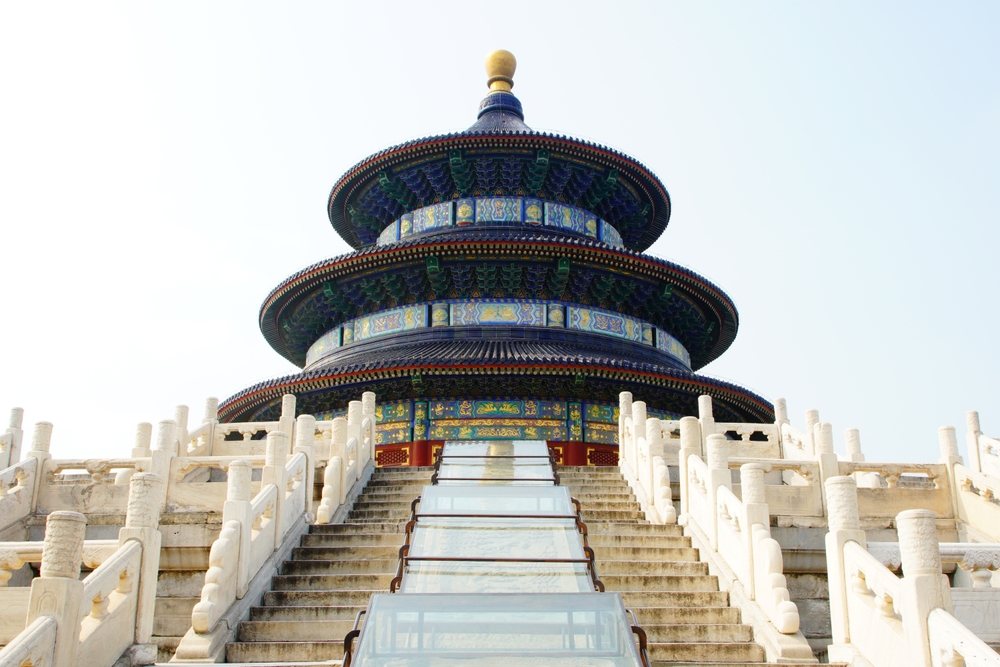 Beijing, China - July 21, 2022: Scenery of the Prayer Hall at the Temple of Heaven Park in Beijing.