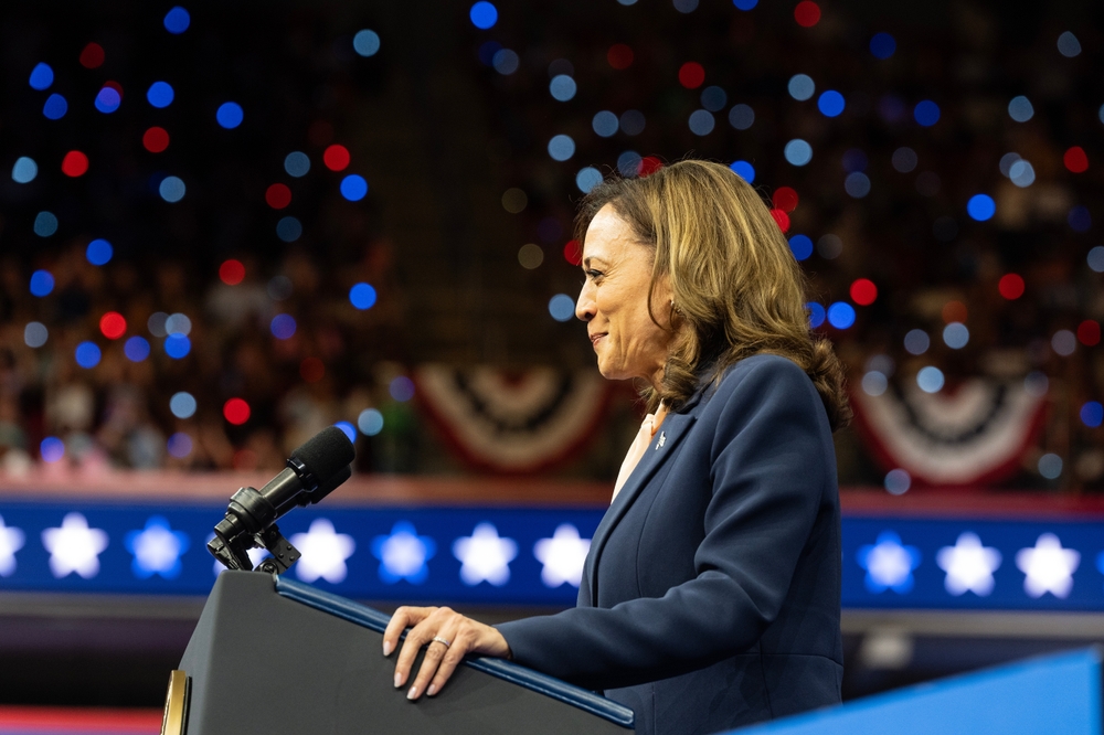 Vice President Kamala Harris speaks at the rally in Liacouras Center at Temple University in Philadelphia, PA on August 6, 2024 to introduce her running mate - Governor of Minnesota Tim Walz