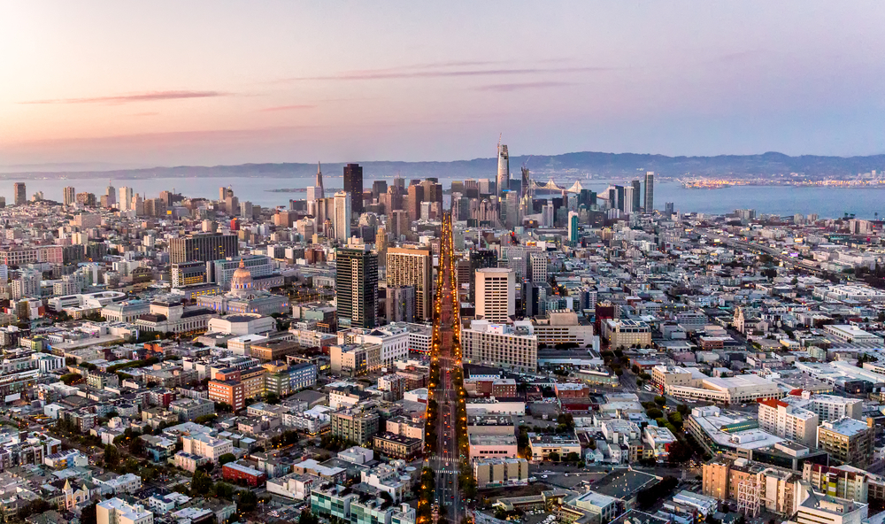A helicopter view looking down market street towards Oakland
