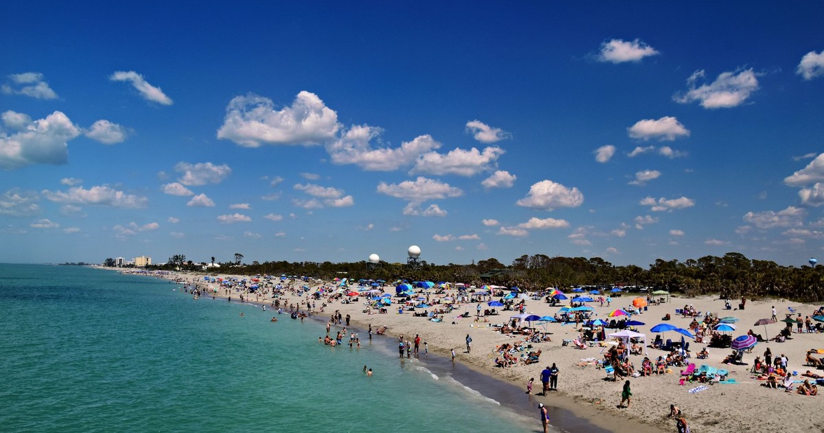 Crowds enjoy a sunny day at Venice Beach, Florida with clear skies and vibrant beach umbrellas.