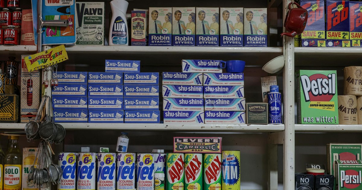 Explore nostalgic retro products on a vintage grocery store shelf.