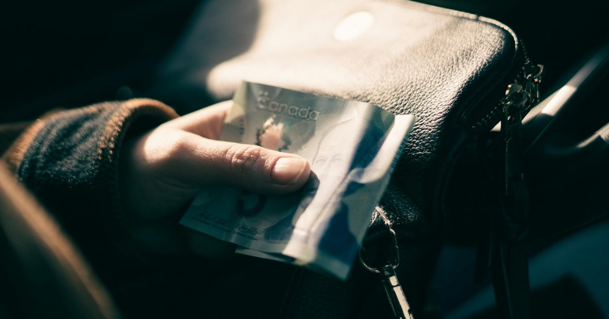 A person holding a Canadian five-dollar bill close to a leather handbag, showcasing financial transactions.
