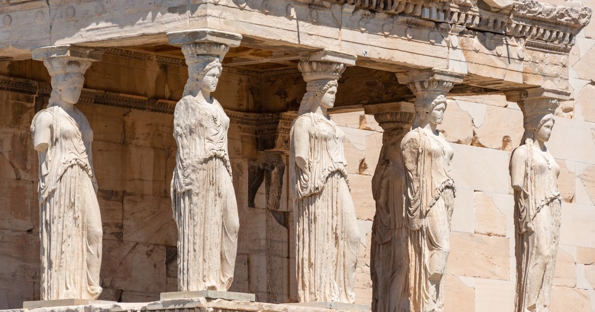 Detailed view of the Caryatids on the Erechtheion in Athens, Greece.