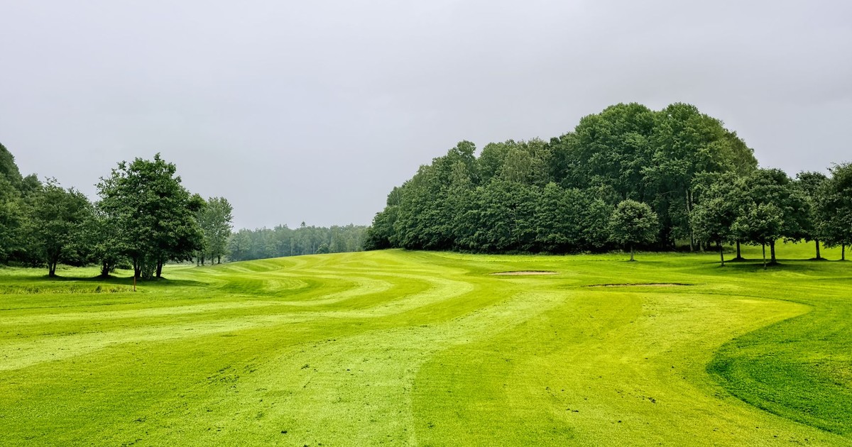 A scenic view of a green golf course surrounded by trees in Lerum, Sweden.
