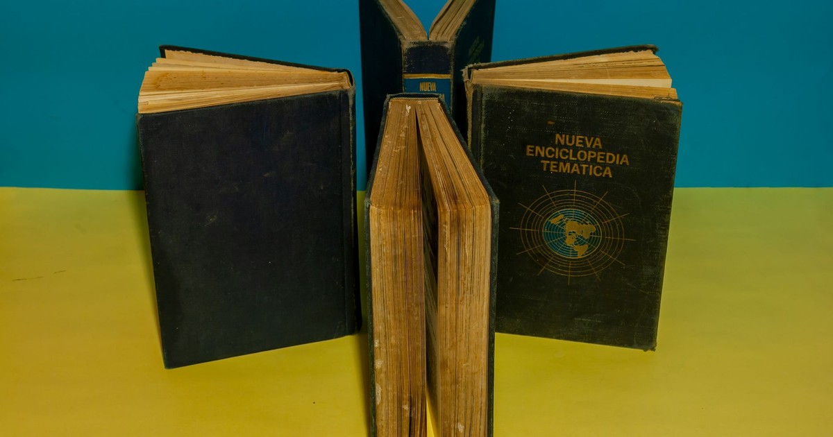 A collection of vintage encyclopedia books arranged creatively on a vibrant blue and yellow background.