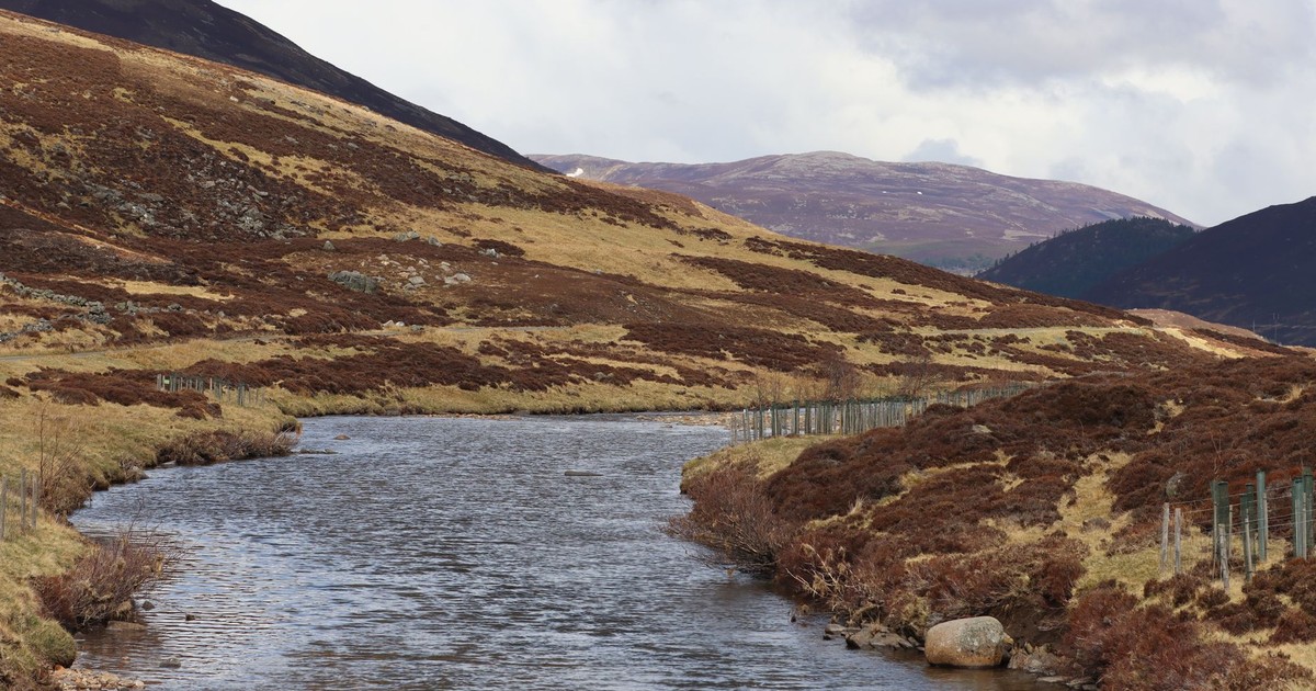 Scenic view of a river flowing through the Scottish Highlands, surrounded by hills.