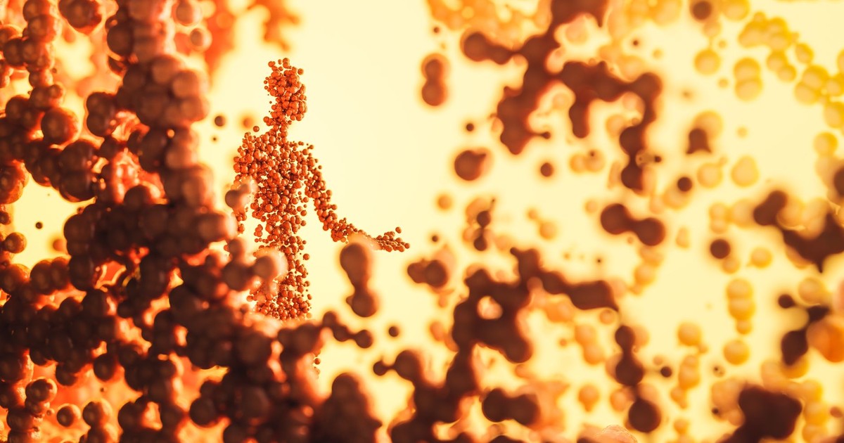 3D rendered digital artwork featuring an abstract human form composed of orange molecules.
