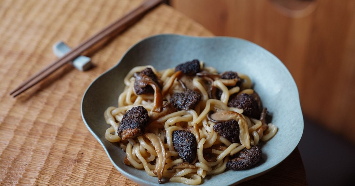 Plate of udon noodles topped with rich black truffles, perfect for a gourmet meal.