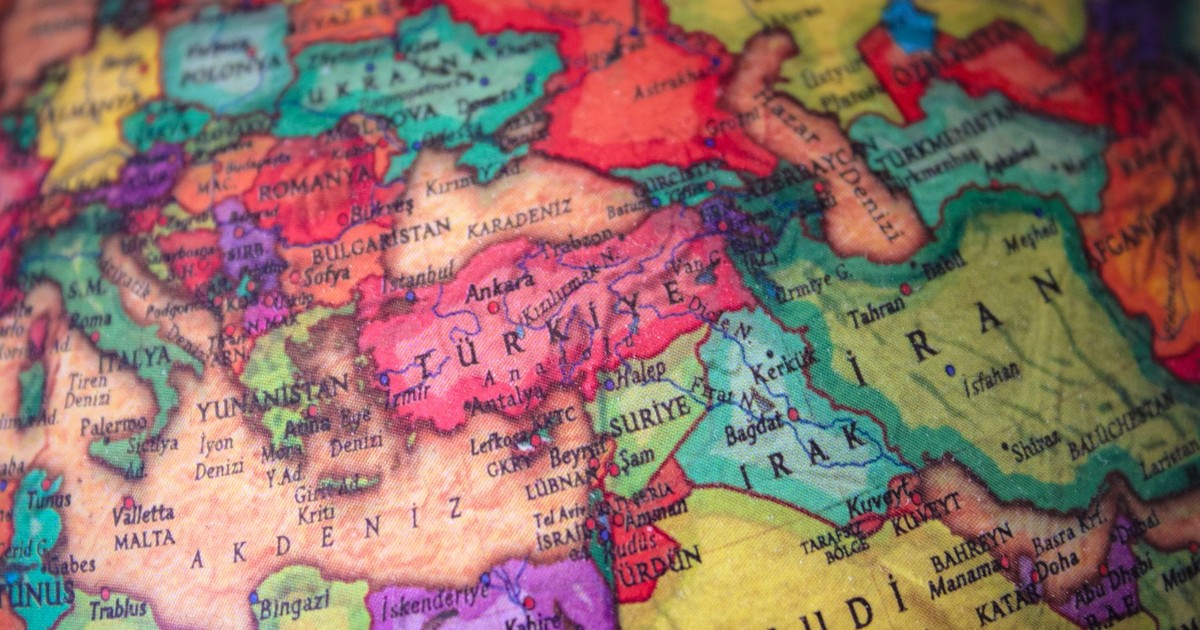 Vibrant map featuring countries in the Middle East and Europe with detailed borders.