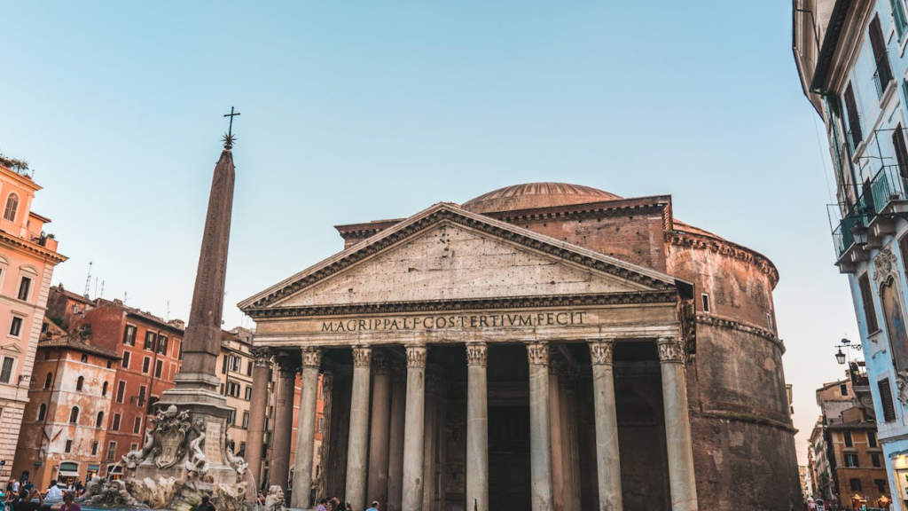 Capture of the iconic Pantheon in Rome, Italy, showcasing its ancient architecture and obelisk