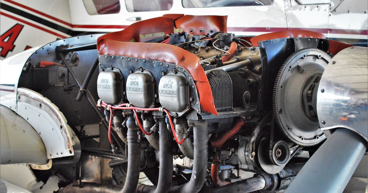 Detailed view of an aircraft engine showcasing intricate machinery and components.
